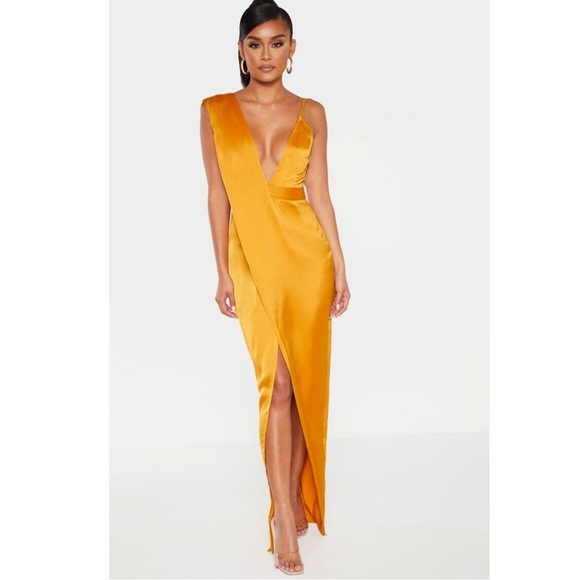 PrettyLittleThing Orange Satin Wedding Dress - Picture 4 of 12